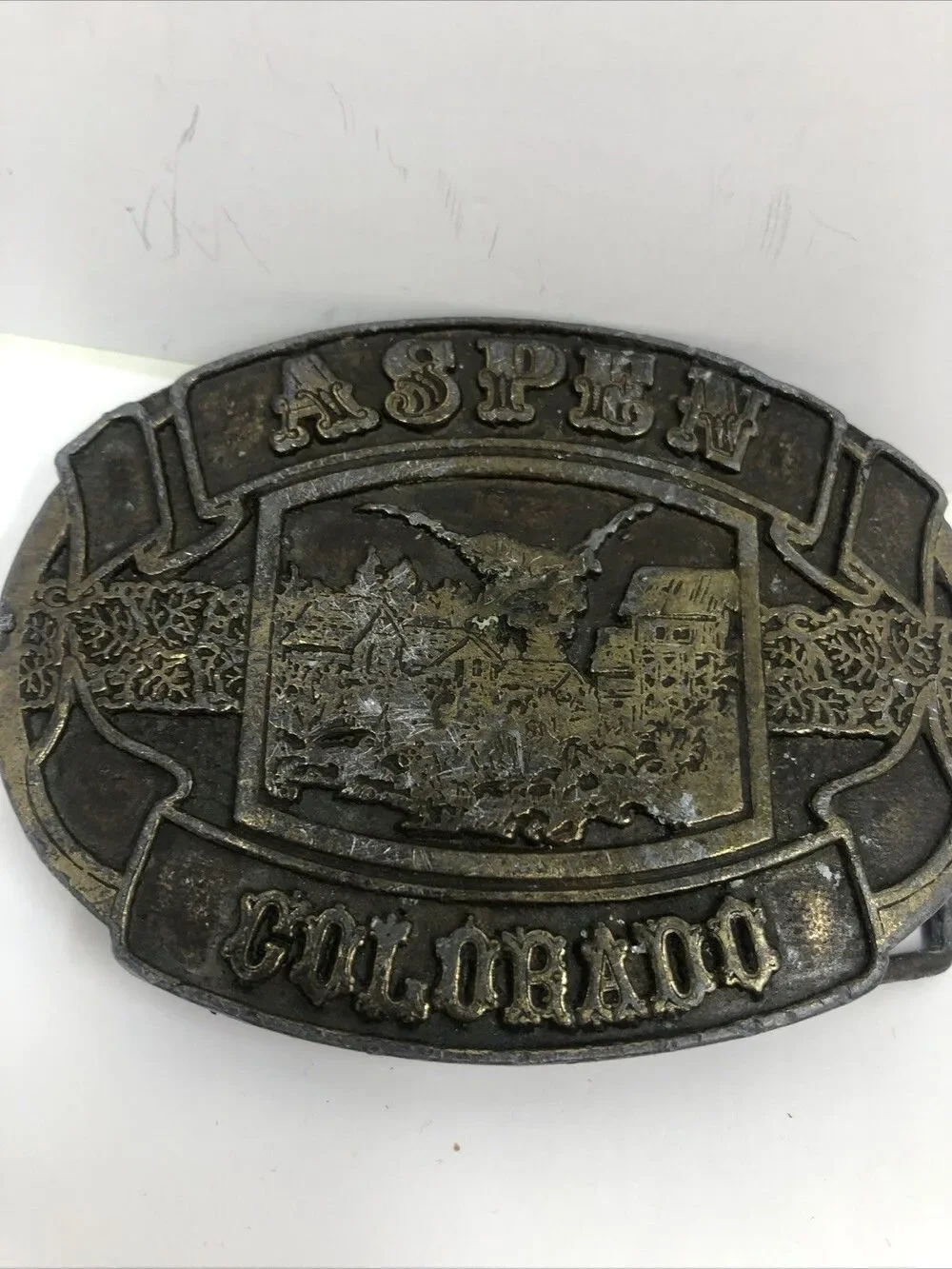 Belt Buckle Aspen Colorado Dark Brass or Bronze Colorado  3 1/4 “x 2 1/2